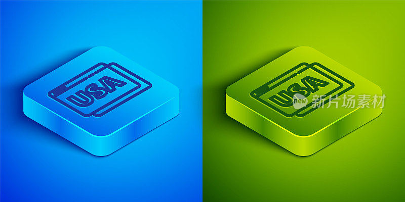 Isometric line USA United states of america on browser icon isolated on blue and green background. Square button. Vector